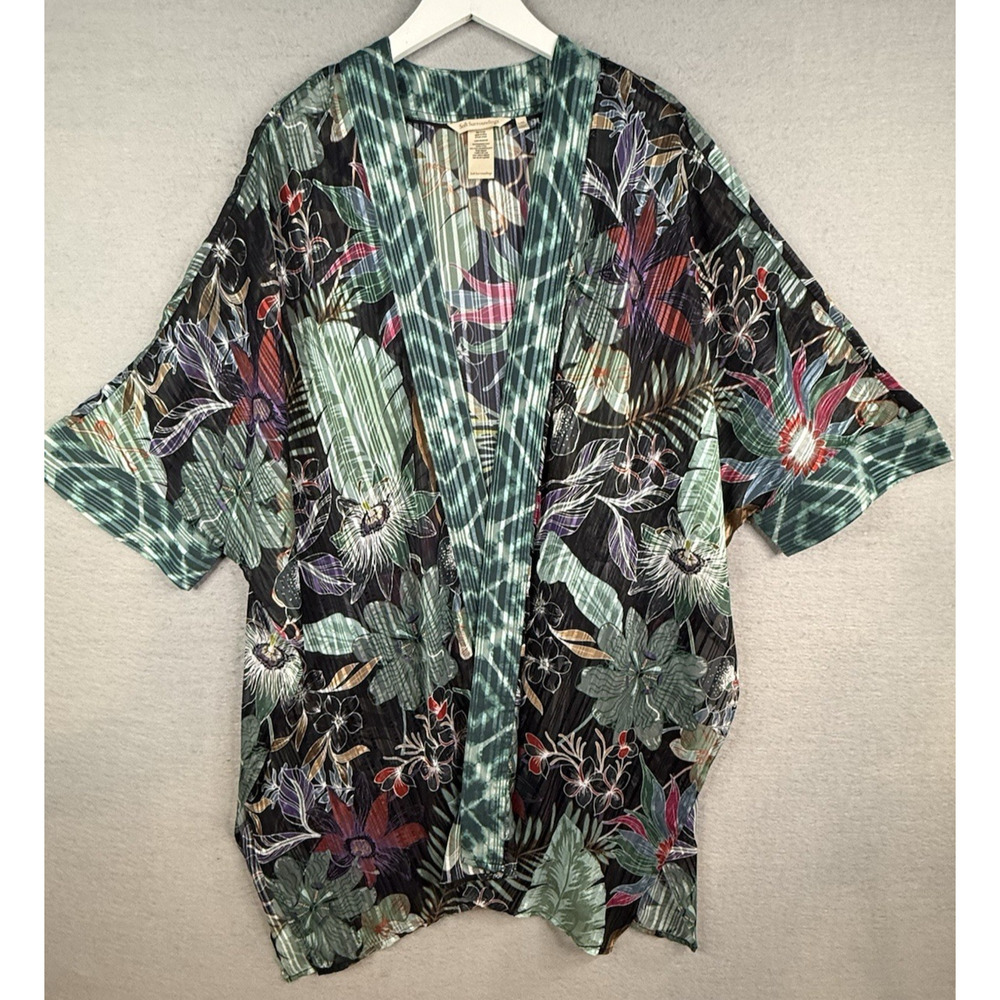 Soft Surroundings Semi Sheer Satin Kimono‎ Sz L/XL Hawaiian Tropical Resortwear
